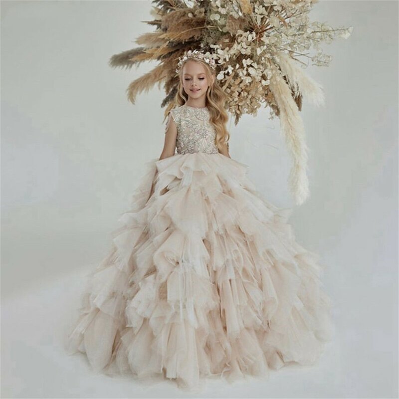 Gaun gadis bunga gaun pesta sampanye Puffy untuk pernikahan Tulle applique manik-manik pesta kontes pertama Gaun Komuni hadiah