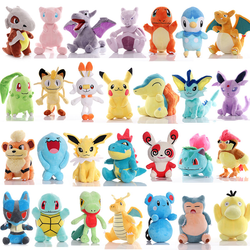 Pokemon Brinquedos de pelúcia para crianças, bonecas recheadas, Pikachu, Eevee, Charmander, Squirtle, Charizard, Sylveon, Gengar, Mewtwo, Scorbunny, Presente