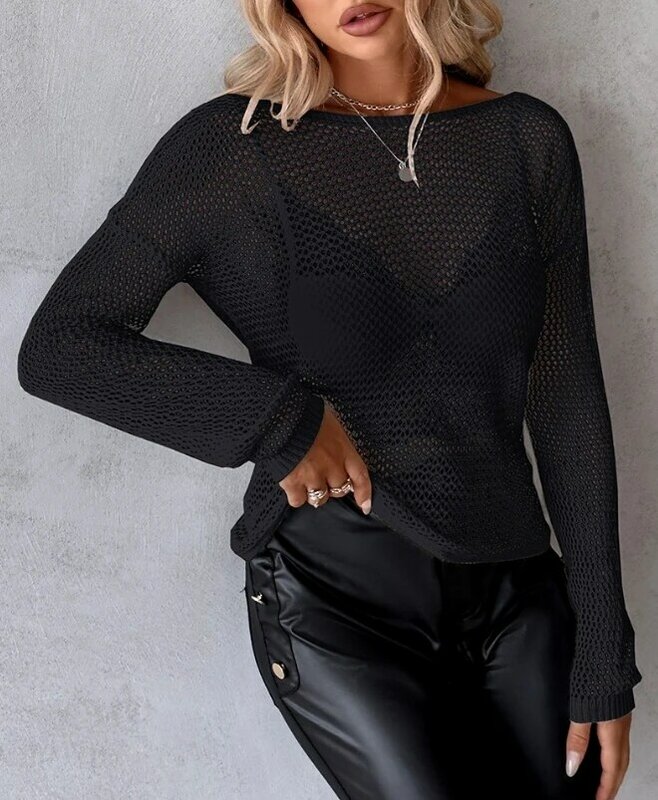 Pullover Atasan Wanita 2023 baru model penjualan terlaris Sweater berongga memutar punggung terbuka tali mutiara longgar lengan panjang modis