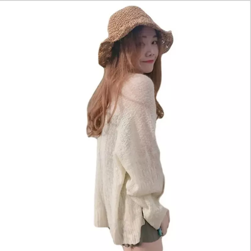 Cardigan rajut Crop wanita, Kardigan Y2k mantel longgar Cardigan Sweter Cardigan potongan Korea musim panas