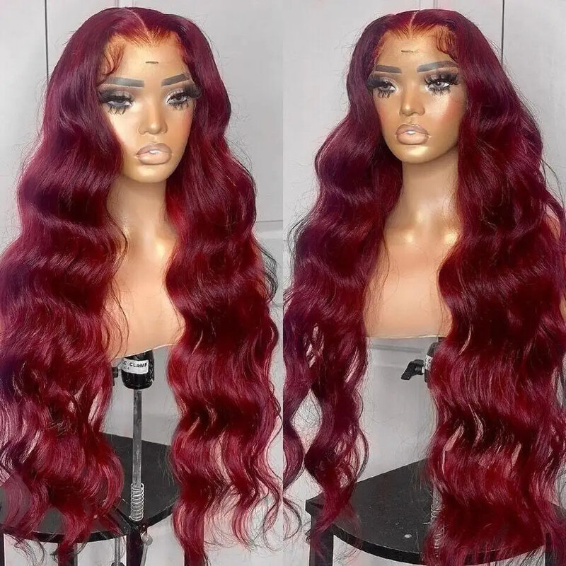 Perruque Lace Front Wig Body Wave Naturelle Rouge Bordeaux, Cheveux Humains, 13x4 HD, Transparent, Sans Colle, 99J, 34 Pouces