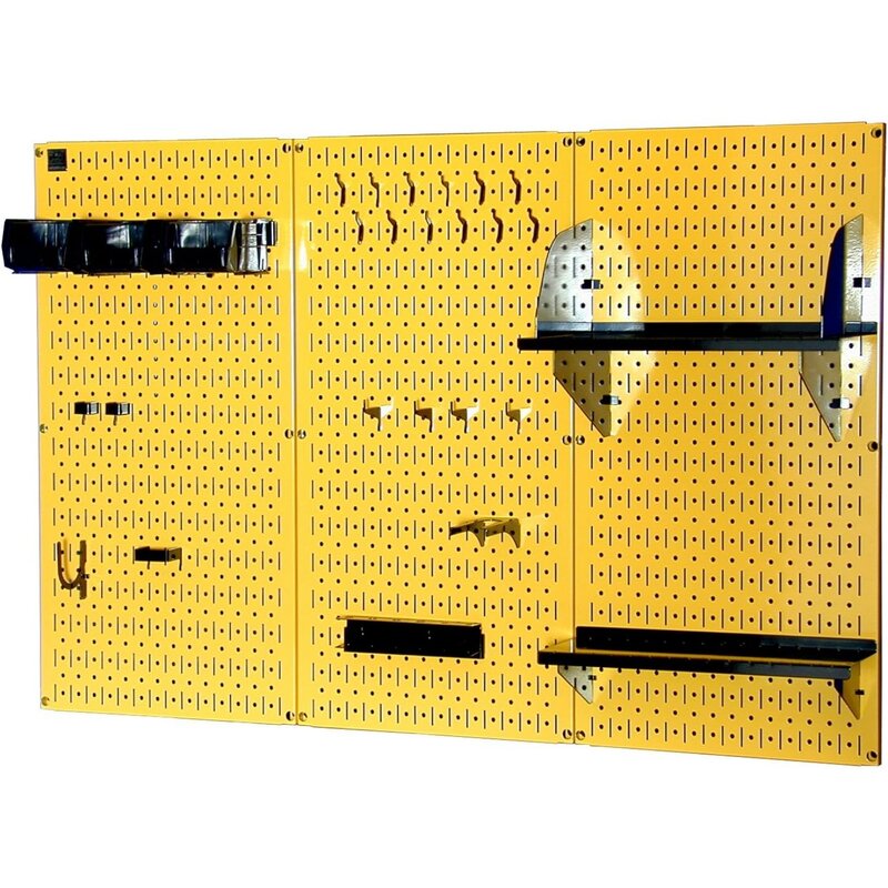 لوحة معدنية للتحكم في الحائط ، مجموعة تخزين أدوات قياسية ، صندوق أدوات أصفر ، ملحقات سوداء ، 4 أقدام
