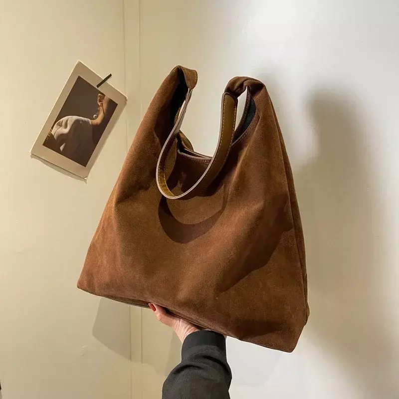 Jesienna i zimowa damska torba w stylu Vintage o dużej pojemności zamszowa torba na ramię w jednolitym kolorze prosta torba miejska na co dzień