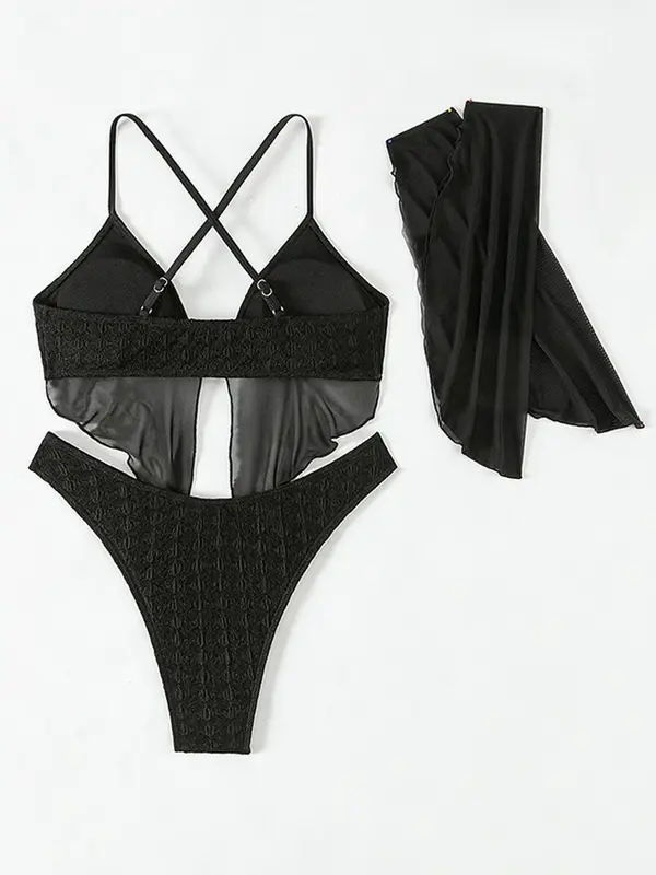 Conjunto de Bikini negro de manga larga para mujer, traje de baño Sexy de 4 piezas con tirantes de malla, corte alto, 2024