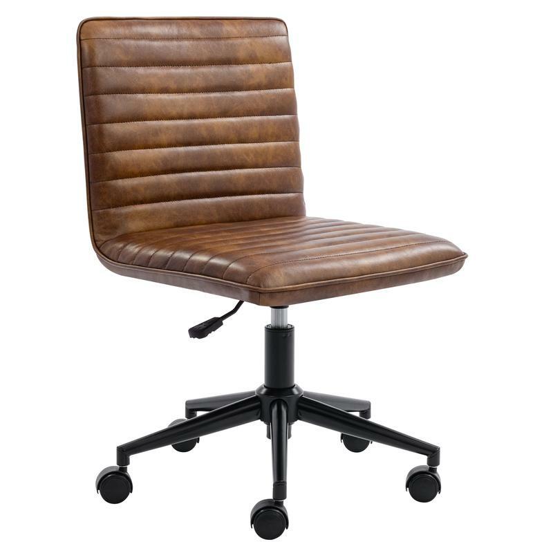 Leather Swivel Armless Desk Chair with Wheels, Upholstered Home Office Chair Mid-Back Adjustable Chair for Bedroom Dorm Living