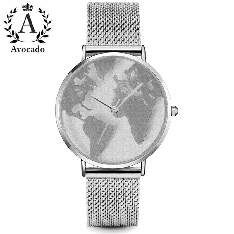 นาฬิกาสตรีแฟชั่นใหม่ลายแผนที่โลกสายสแตนเลสทองกุหลาบตาข่ายนาฬิกาข้อมือควอตซ์สำหรับผู้หญิง gratis ongkir