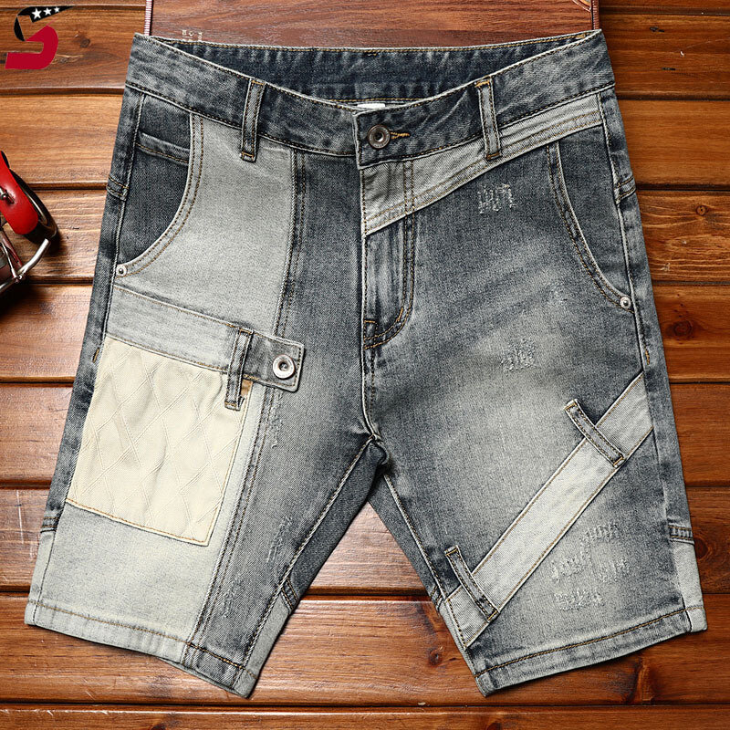 Calção jeans locomotiva high-end masculina, calça retrô cropped, moda casual, design de costura de personalidade, stretch, verão, 2024