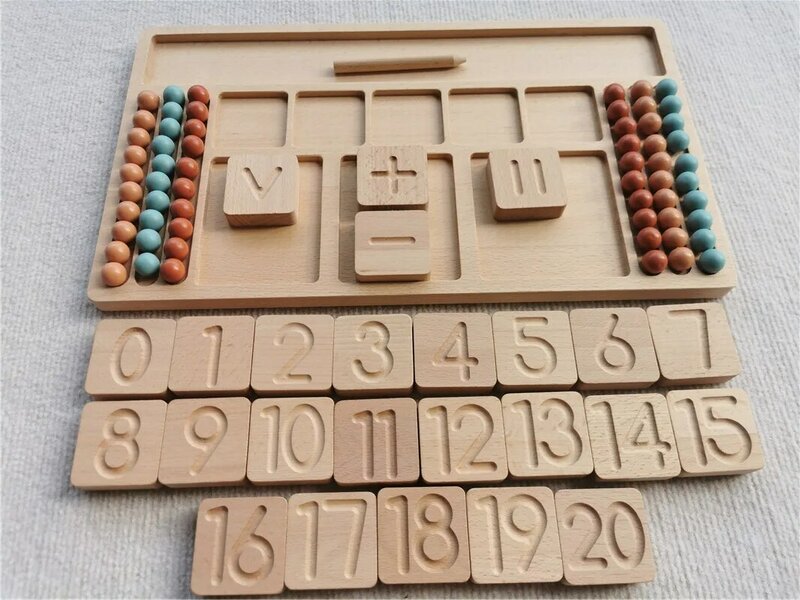 Children Wooden Montessori Toy  Educational Math Learning Tray Digital Addition Subtraction Blocks With Wood Beads