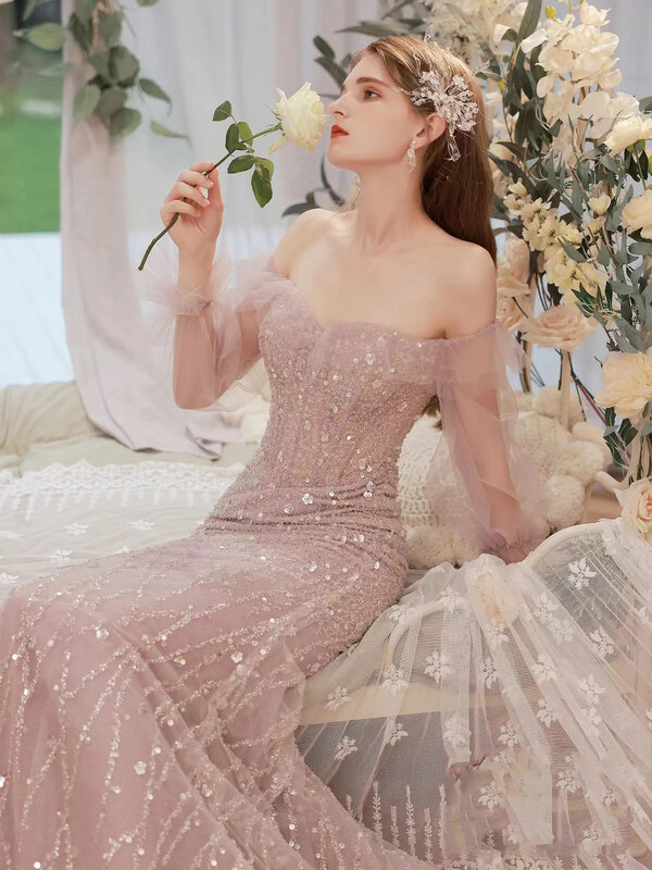 Aangepaste Roze Host One-schouder Jurk Pailletten Luxe High-Definition Toast Jaarlijkse Sexy Model Catwalk Dress