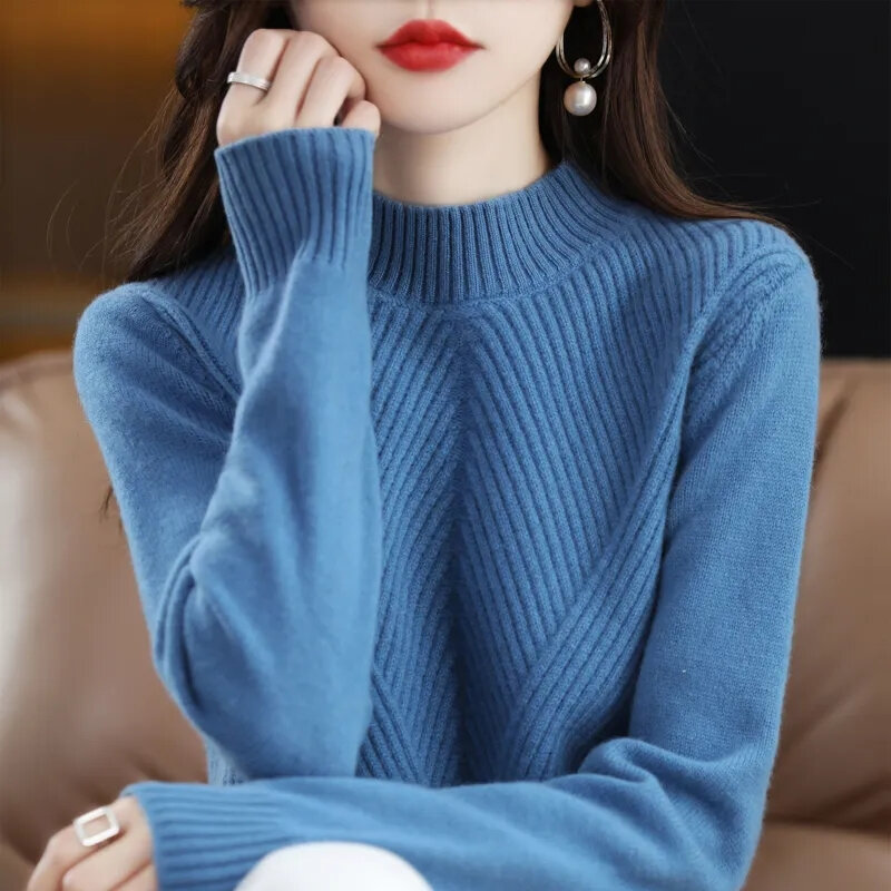 Suéter feminino solto de malha de manga comprida, macacões monocromáticos macios, pulôveres outono e inverno, 2023