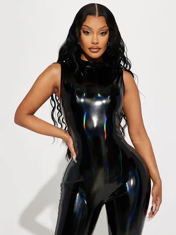 Vrouwen Plus Size Glanzend Lakleer Jumpsuits Sexy Mouwloze Faux Latex Rompertjes Dames Stretchy Bodycon Jumpsuits 7XL Custom