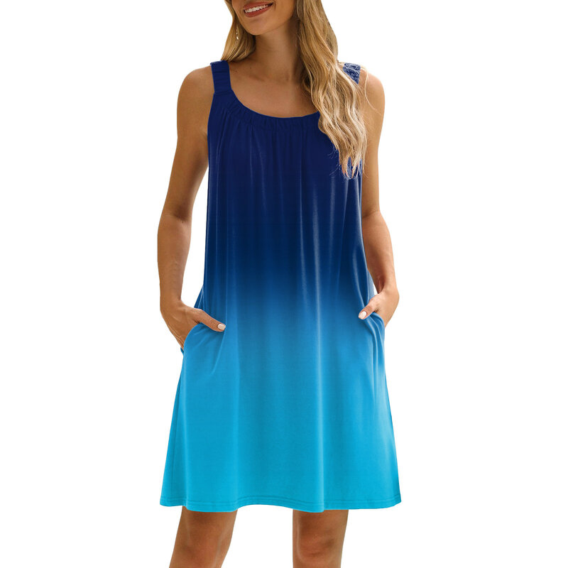 Women Dress Summer Casual T Shirt Dress Beach Cover Up Sleeveless Vest Skirt Pocket Teen Summer Dresses