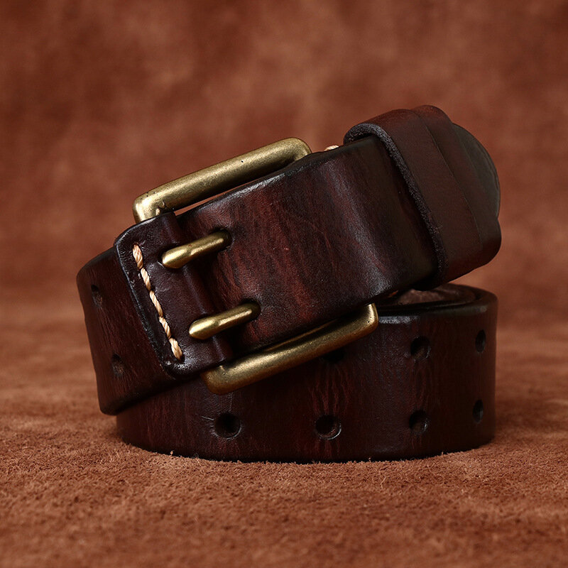 Couro Vintage couro genuíno masculino cinto, fivela de cobre duplo pino, pulseira de jeans artesanal, moda masculina pulseira, 3,8 cm