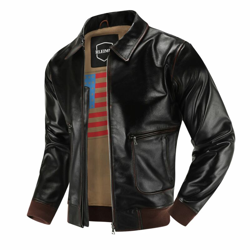2023 남성용 탑 레이어 정품 가죽 재킷, 밀리터리 파일럿 재킷, 공군 A2 라펠, 레트로 러빙 컬러 툴링, 짧은 대형 코트