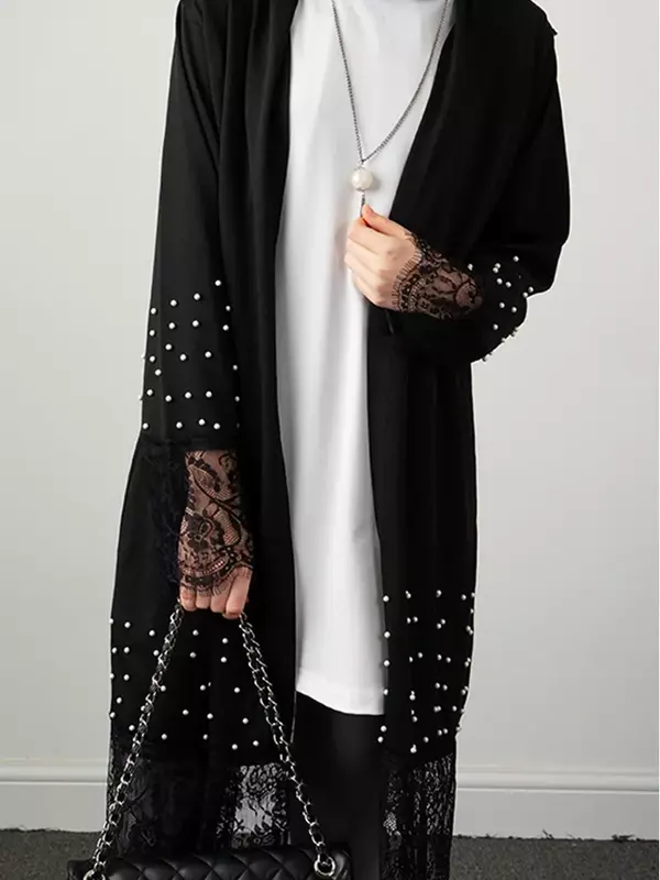 Abito donna Kimono Femme Musulmane pizzo Chiffon perline inchiodate Abaya per le donne Cardigan manica lunga abito musulmano Dubai aperto Abaya