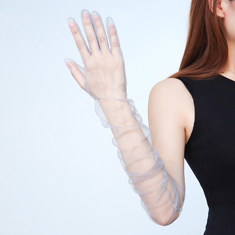 Długie przezroczysty, tiulowy rękawiczki Ultra cienkie elastyczne rękawiczki ślubne łokciowe z całej mitenki akcesorium ślubne перчатки женские