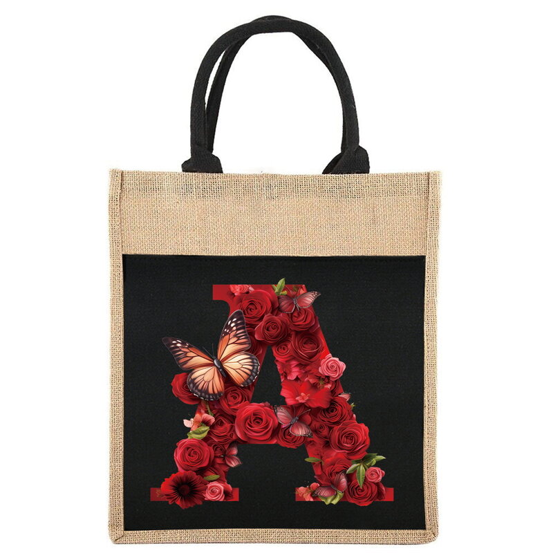 Bolso de lino minimalista para mujer, bolsa de compras a la moda para viajes al aire libre, bolsa de almacenamiento de artículos con patrón de rosa roja respetuosa con el medio ambiente
