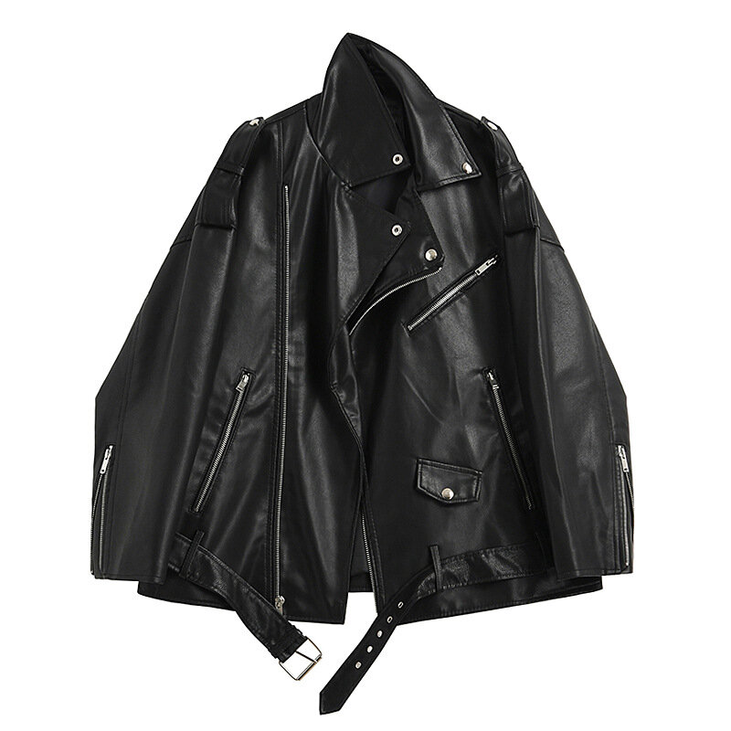 Jaquetas de couro falso para mulheres, casaco casual solto ombro drop outwear de locomotiva de motocicleta com cinto, primavera e outono