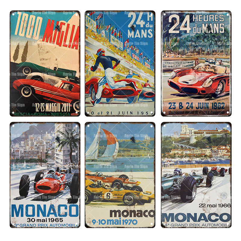 Vintage Monaco Racing Car Metal Tin Plate Retro Iron Painting Wall Decoration Poster Garage Outdoor Decor