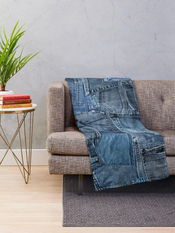 Manta de tela vaquera azul con bolsillo de tela de retales, mantas de felpa, colcha para sofá