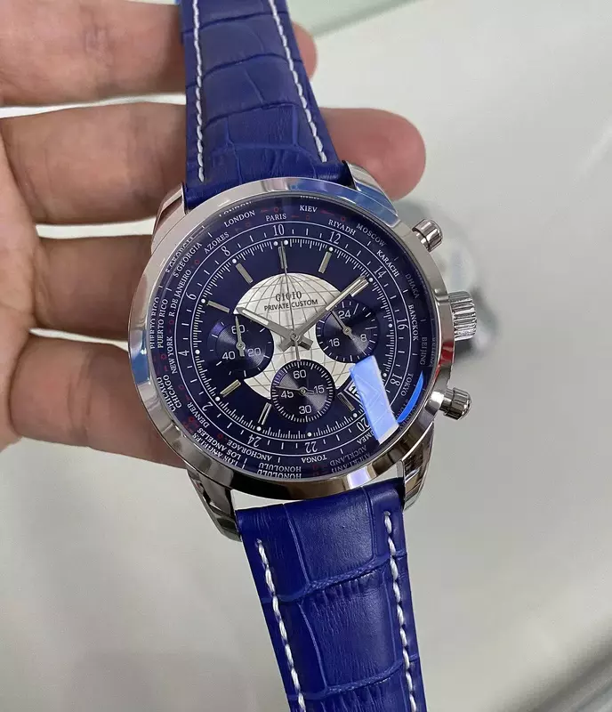 นาฬิกาควอตซ์โครโนกราฟสำหรับบุรุษแบบใหม่หรูนาฬิกาสแตนเลสสตีลนาฬิกาสีดำสีน้ำเงินหนังคลาสสิก