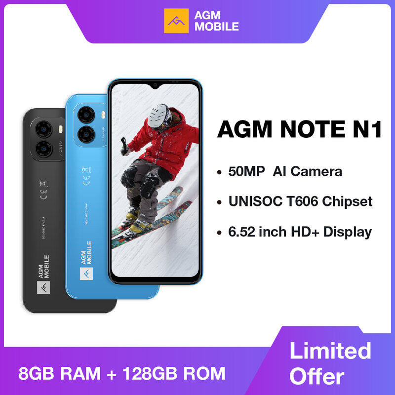 AGM nota N1 com tela HD, 8GB de RAM, 128GB ROM, 6.583 Polegada, 50MP, andróide 13, 4900mAh, 2 cartão SIM