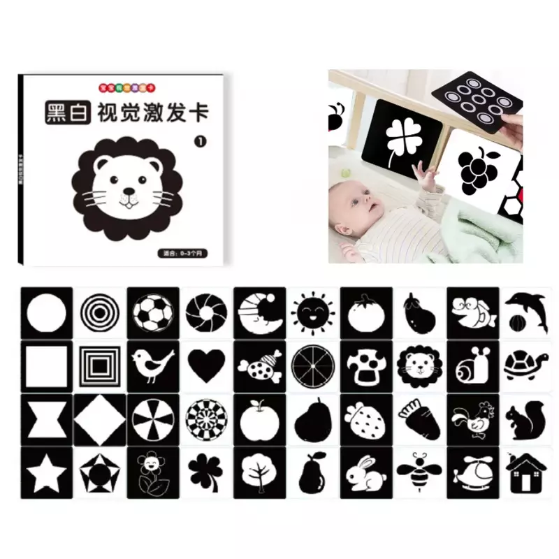 Montesori mainan kartu stimulasi Visual bayi, mainan belajar stimulasi Visual kontras tinggi untuk kartu Flash hitam dan putih bayi