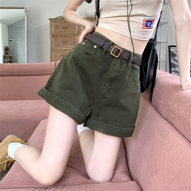2024 New Fashionable and Popular Green Denim Shorts for Women's Summer High Waist, Slimming and Red A-line Curled Wide Leg Pants