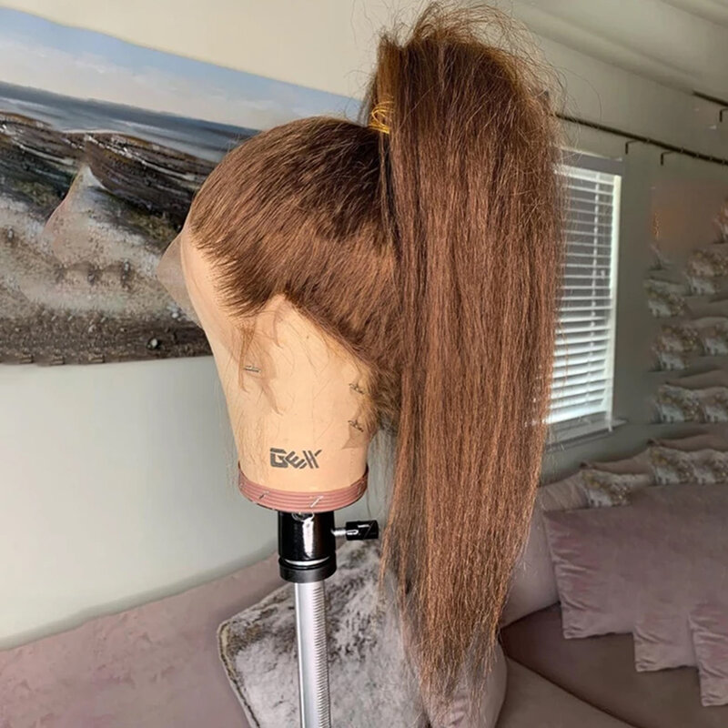 Kinky Straight Yaki Soft 26“Long Blonde 180Density Lace Front Wig For Black Women BabyHair Glueless Preplucked Heat Resistant