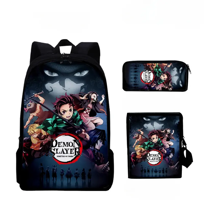Animation Ghost Slayer Print Peripheral Backpack, Three-piece Student Bag Set, Backpack + Pencil Case + Shoulder Bag