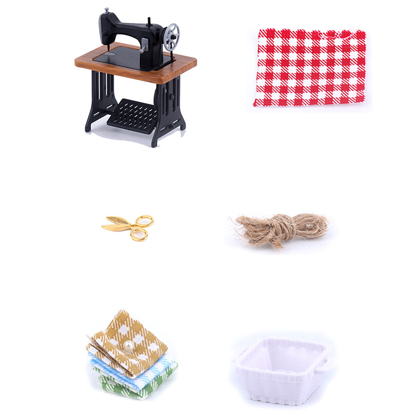 1set 1:12 Dollhouse Miniatuur naaimachine schaar doek opbergkast meubels naaimaten decor speelgoed poppen huis accessoires