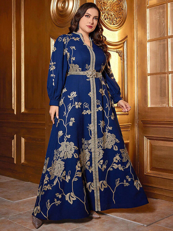 TOLEEN-Vestido largo de talla grande con estampado Floral para mujer, maxivestido con cinturón tejido de retazos, elegante vestido de lujo árabe para fiesta de noche, 2024