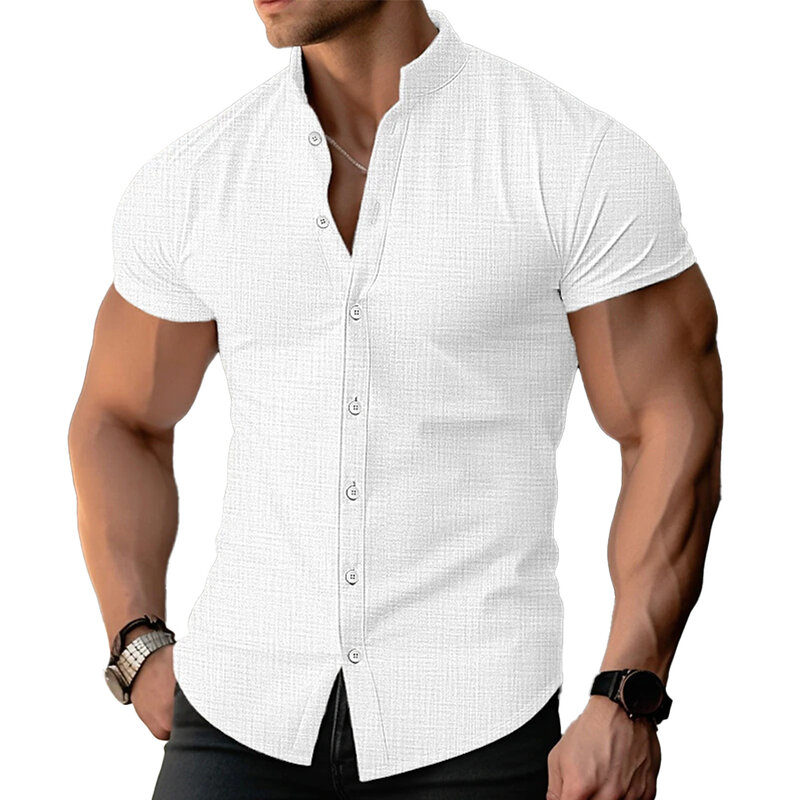 남성용 반팔 셔츠, 밴드 칼라 블라우스, 단추 다운, 캐주얼, 편안한 피트니스, 근육 폴리에스터 셔츠, 1 PC