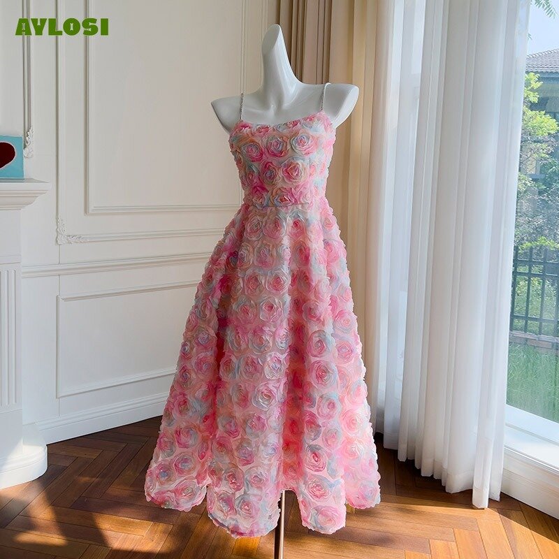 AyLosi Party Dress Women's Sleeveless Streetwear 3D Flower Embroidery Strap Dresses for Women Beach Vacation Vestidos De Festa