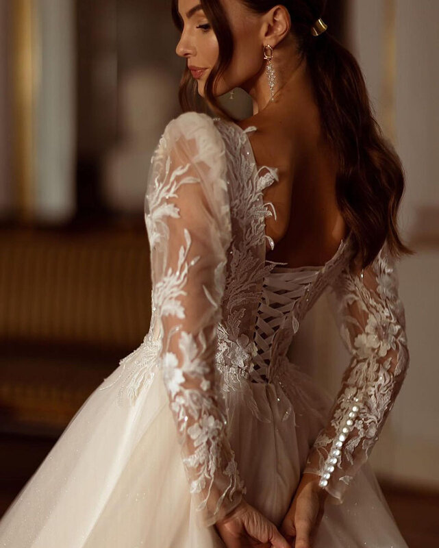 Gaun Pernikahan Sampanye Glitter SoDigne Gaun Pengantin Modern Renda Applique Lengan Panjang Gaun Pengantin Tulle Gaun Pengantin