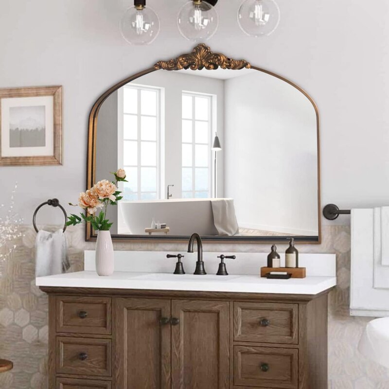 Espejo arqueado, espejo barroco adornado Vintage tradicional dorado, espejo de latón antiguo para entrada/Chimenea/sala de estar/pasillo/Murciélago