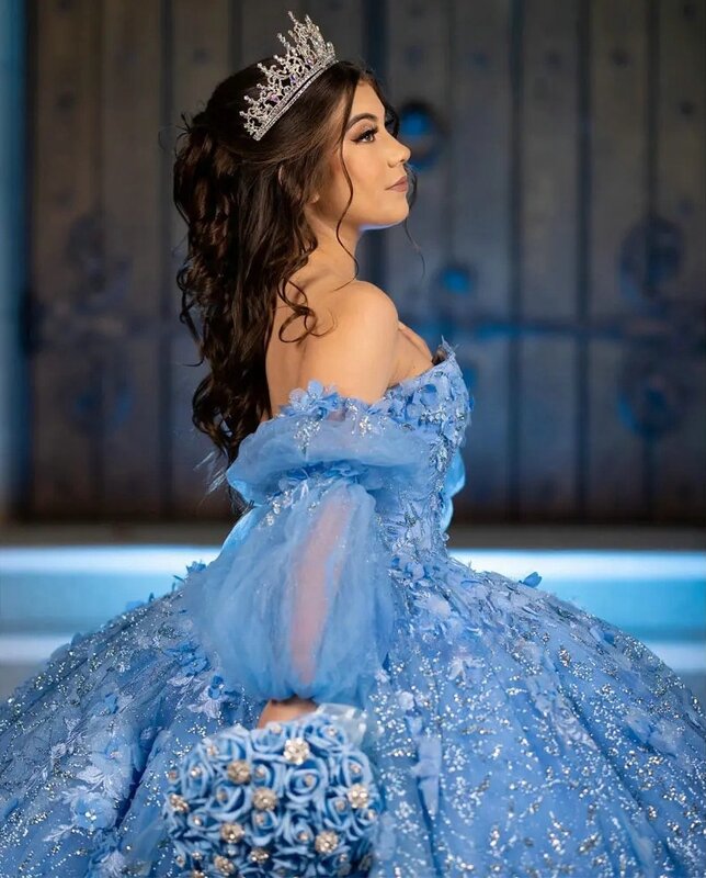 Blue Princess Quinceanera Dresses Ball Gown Long Sleeves Appliques Sparkle Sweet 16 Dresses 15 Años Mexican