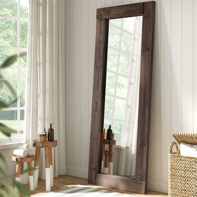 Grand miroir de sol pleine longueur avec cadre en bois marron rustique, décoration murale de ferme, miroir de chambre à coucher maigre ou montable, 24x64