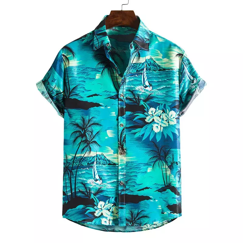 Camisa estampada com padrão de coqueiro masculina, casual de praia, roupa de manga curta, moda havaiana, 2024