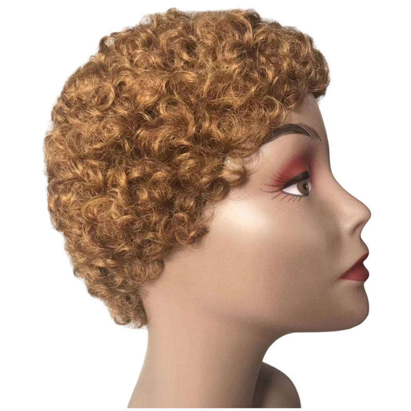 Wig ikal pendek potongan murah untuk wanita Wig Hiar Brasil Wig keriting manusia pendek, emas