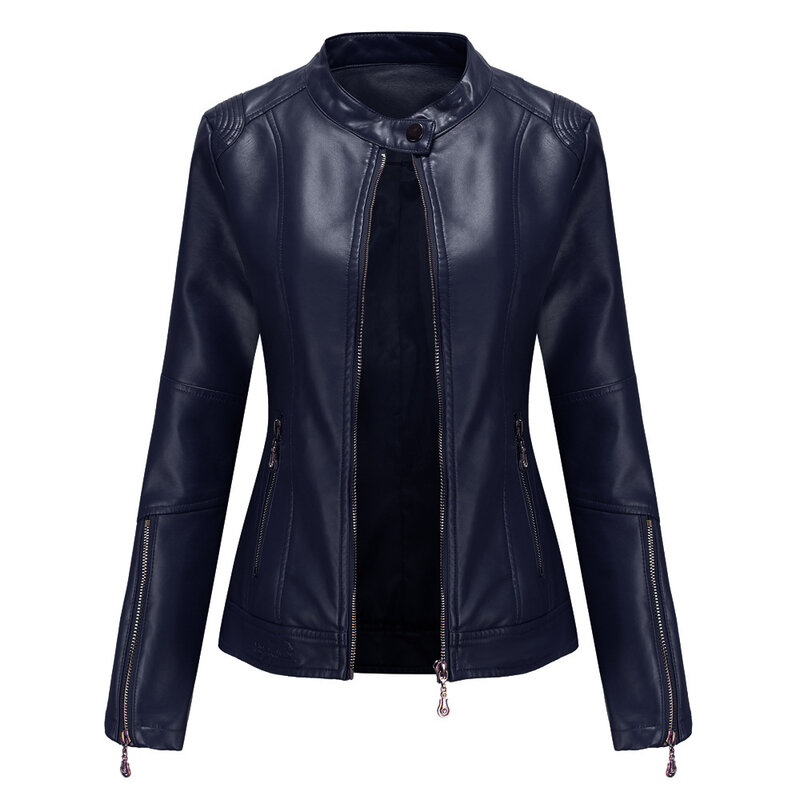 Red Stand Collar PU Jacket Women's Fashion Casual Leather Coat White Black Blue Long Sleeve Female Outerwear