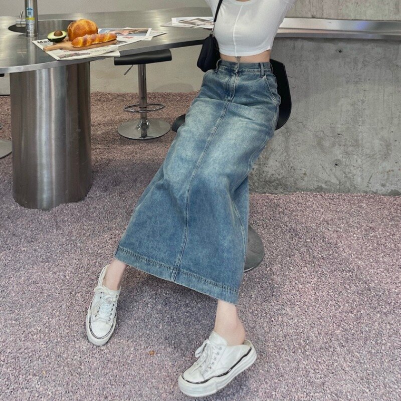 Saia jeans vintage de borda crua para mulheres, cintura alta, linha A, balanço grande, longo