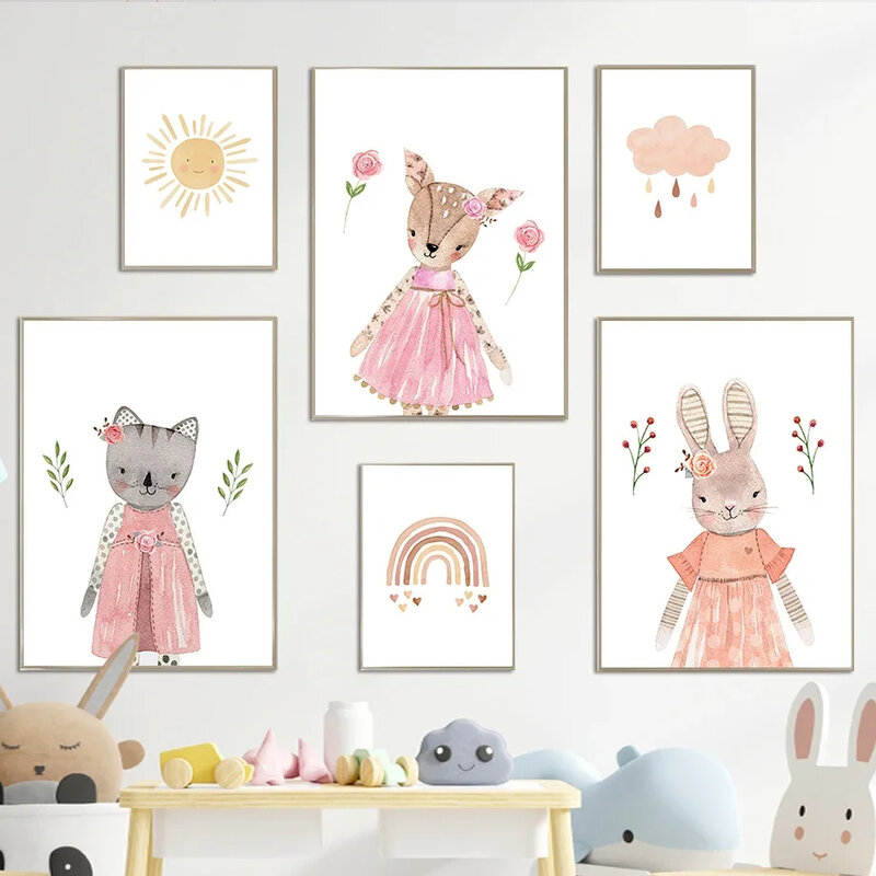 Кролик, кошка, лиса, солнце, радуга, облако, настенная Картина на холсте, постеры и принты в скандинавском стиле, настенные картины, декор для детской комнаты