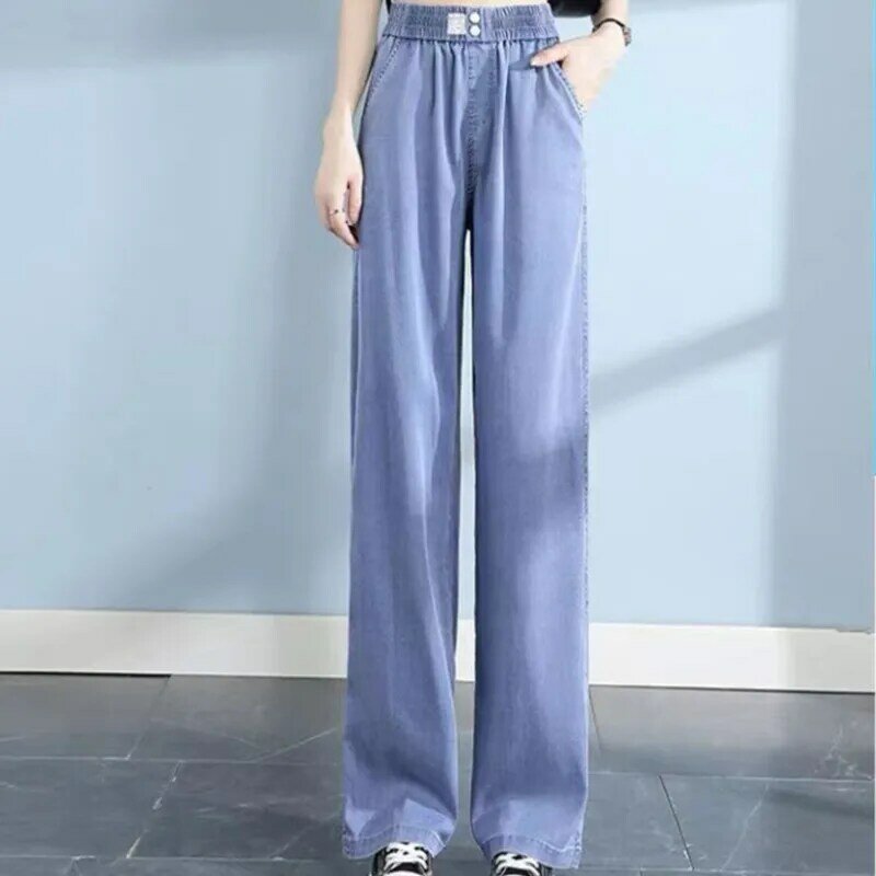 Lengthened Sky Silk Jeans Women's Spring/Summer Thin 2024 New Tall Elastic Waist Ice Silk Straight Leg Wide Leg Pants
