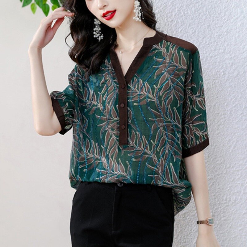Женская однобортная рубашка средней длины, свободная блузка с V-образным вырезом и коротким рукавом, с принтом в виде страз, в Корейском стиле, лето
