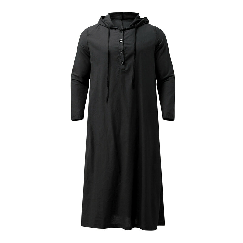 Muslim Men Jubba Thobe Long Sleeve Hooded Breathable Robe Male Thobe Robe Loose Dubai Saudi Arab Kaftan Solid Color Men Clothes