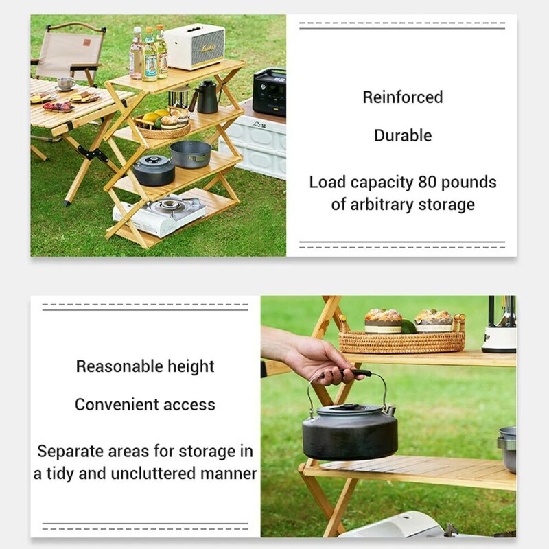 Multifuncional Outdoor Camping Shelf Rack, Multi-Camada, Dobrável, Portátil, Sem Instalação, Bambu, Armazenamento de Madeira, Sapato