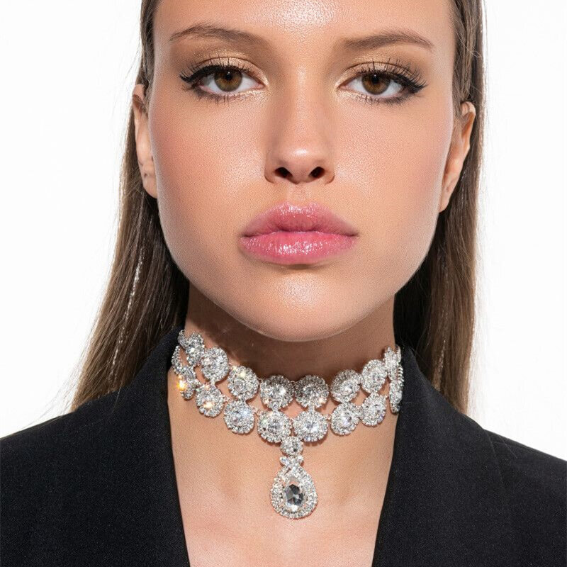 Mode Glänzenden Strass Transparent Wasser Tropfen Kristall Halskette Kragen Kette frauen Aussage Teardrop Anhänger Halskette Heiten