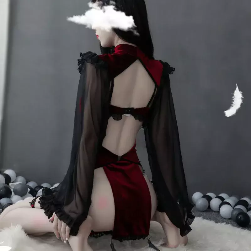 Punk Gothic czarna czerwona koronkowa seksowna bielizna dla kobiet pokojówka pokusa śliczny Demon Cosplay zestaw bielizny nocnej kostiumy na Halloween