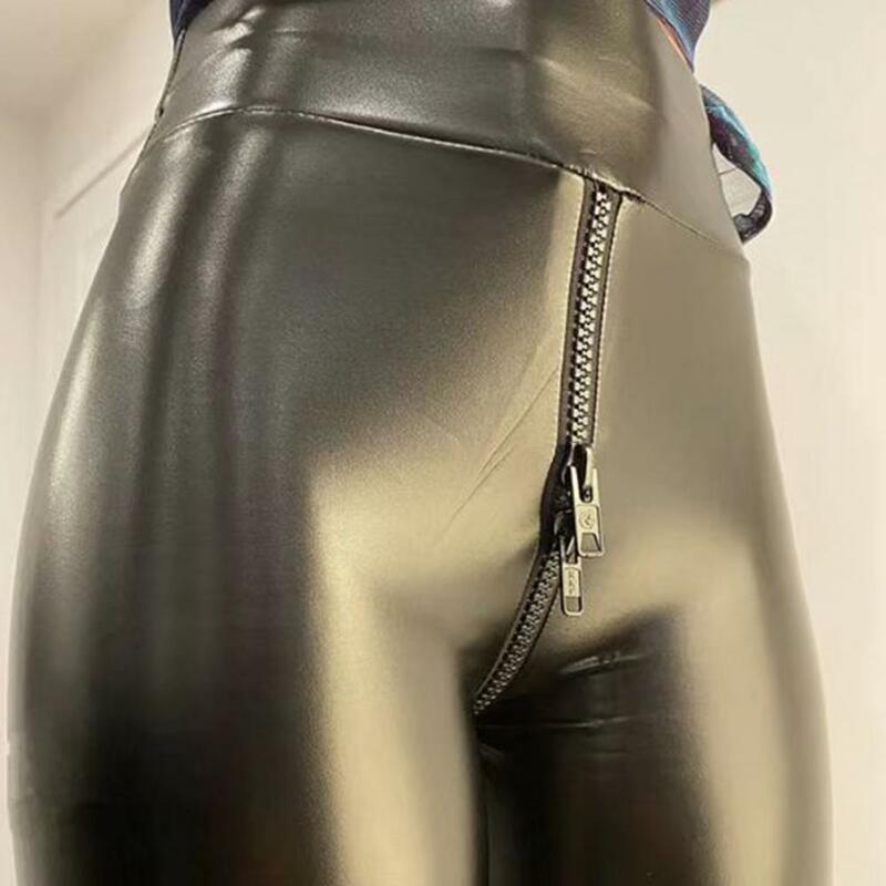 Solid Color Leggings Exotic Bodycon Faux Leather Pants with Open Crotch Zipper for Sexy Women Tummy Control for Nightclub